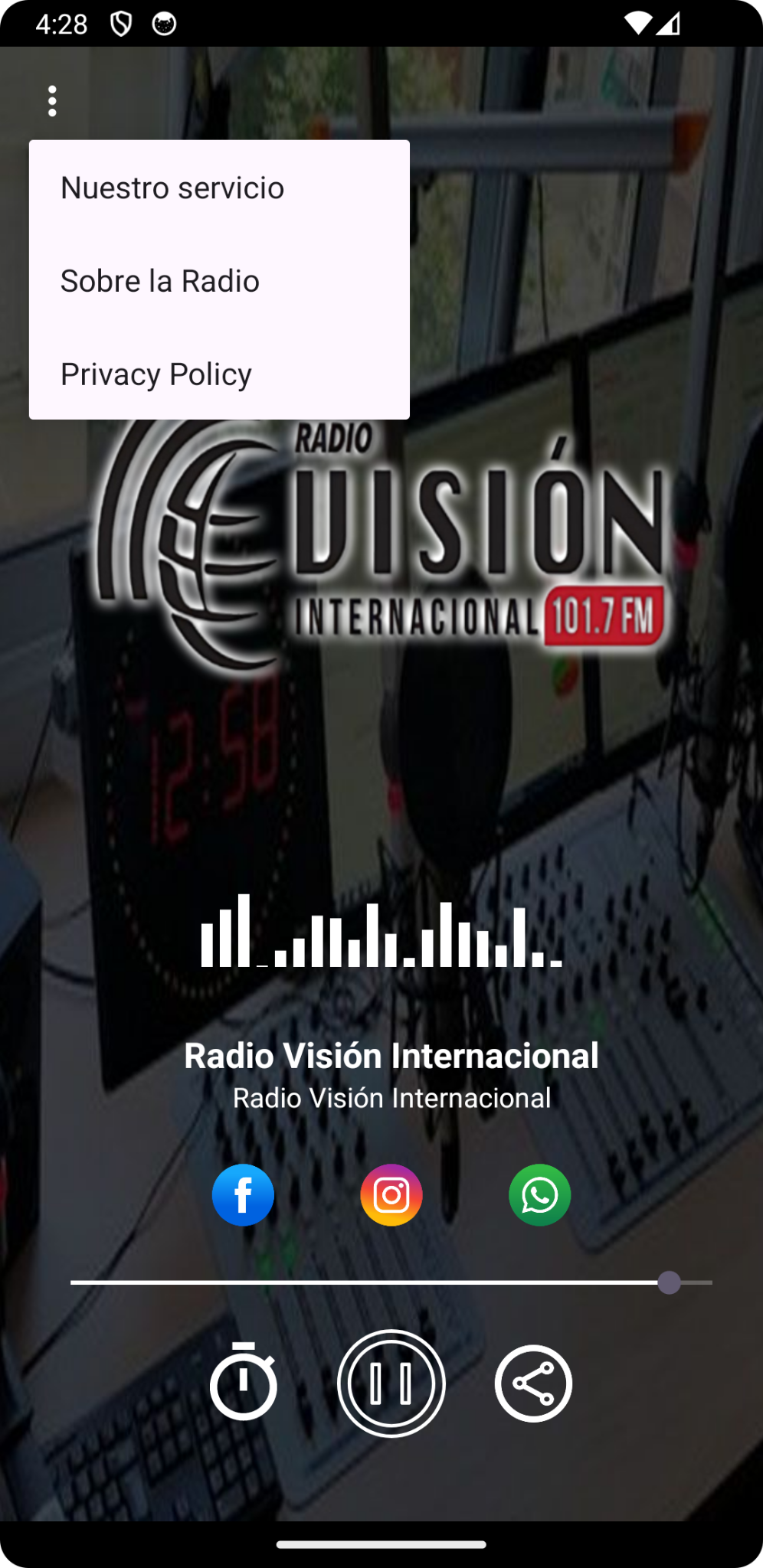 Captura de la aplicación Radio Visión Internacional mostrando el menú
